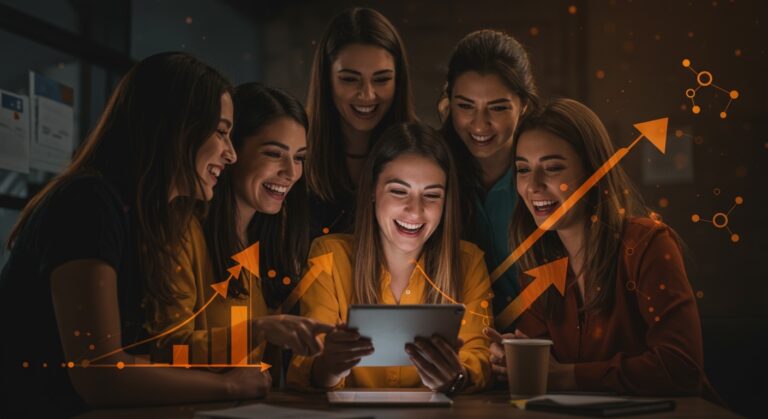 Grupo de emprendedoras chilenas colaborando en estrategia de emprendimiento femenino y validación de producto con enfoque en comunidad y marca personal.