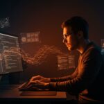 Developer programando un editor de texto propio en Rust con elementos visuales que representan productividad, automatización y herramientas personalizadas para programadores.