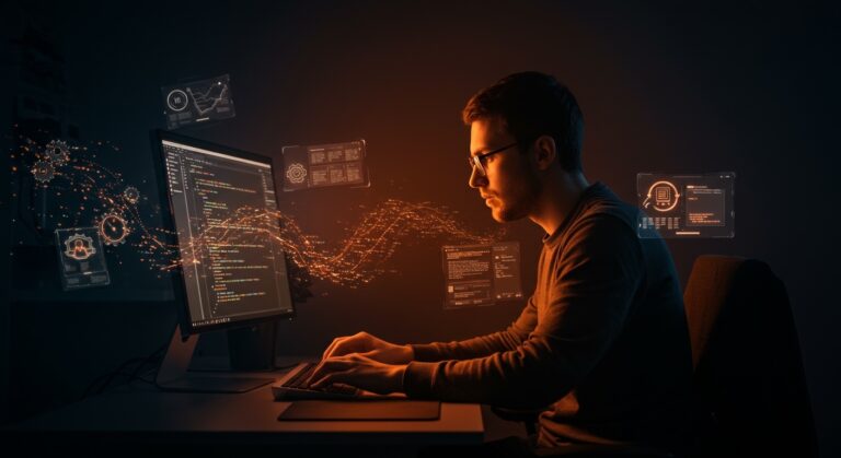 Developer programando un editor de texto propio en Rust con elementos visuales que representan productividad, automatización y herramientas personalizadas para programadores.