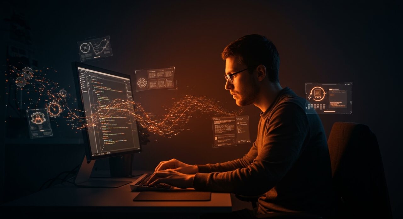Developer programando un editor de texto propio en Rust con elementos visuales que representan productividad, automatización y herramientas personalizadas para programadores.