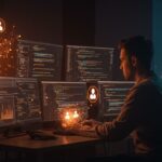 Ingeniero desarrollando un lenguaje de programación con Claude Code usando inteligencia artificial y agentes LLM en un entorno tecnológico moderno.