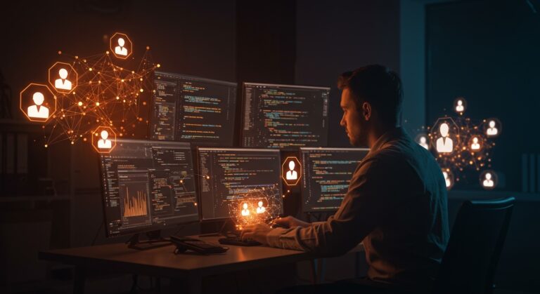 Ingeniero desarrollando un lenguaje de programación con Claude Code usando inteligencia artificial y agentes LLM en un entorno tecnológico moderno.