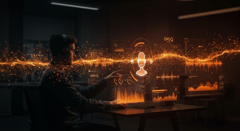 Desarrollador interactuando con agente de voz conversacional de baja latencia en entorno tecnológico, mostrando procesamiento de IA y pipeline streaming para startups.