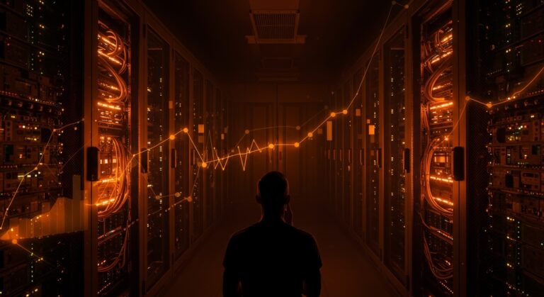 Consumo energético en data centers representado por un fundador frente a infraestructura tecnológica futurista con referencias visuales a sostenibilidad y tendencias de mercado.