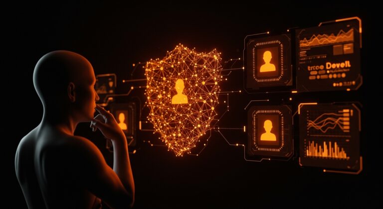 Figura reflexiva frente a interfaz holográfica con redes neuronales y agentes inteligentes destacando el contexto en IA como ventaja competitiva para startups.