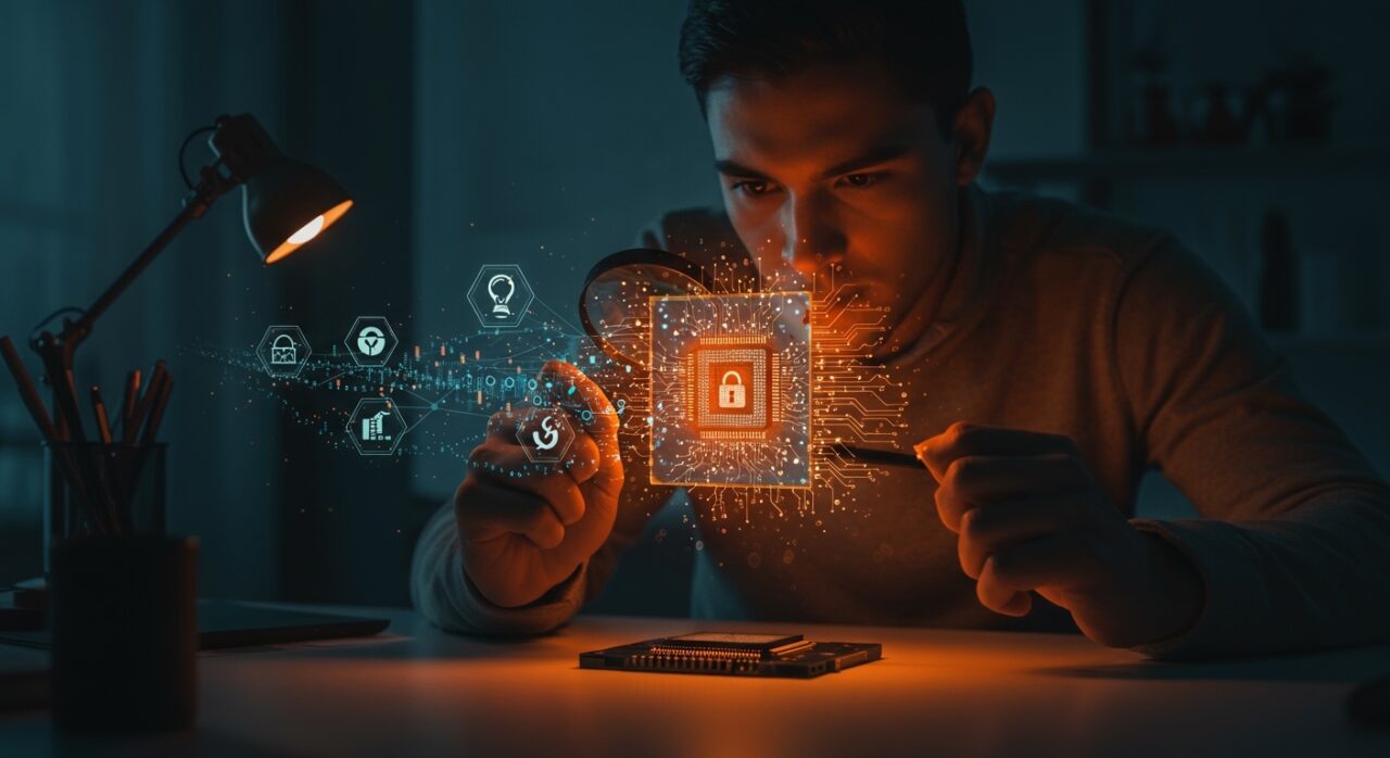 Control de exportaciones en hardware AI y riesgos regulatorios para startups en LATAM tras el caso Super Micro, representado con un emprendedor examinando tecnología avanzada.