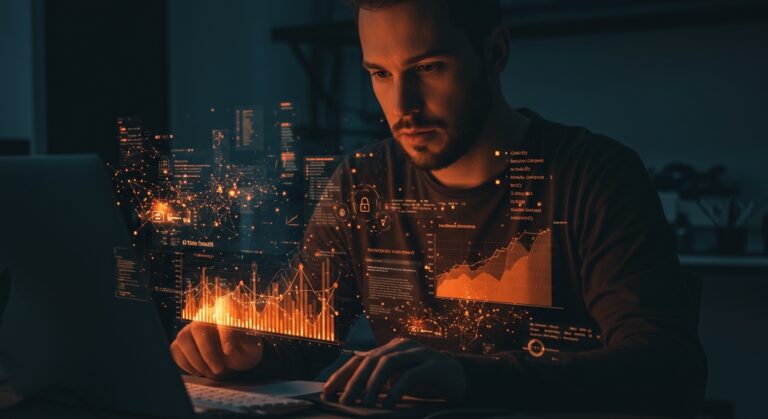 Founder tech trabajando con control de versiones y Git en un entorno digital avanzado con símbolos de seguridad e inteligencia artificial.