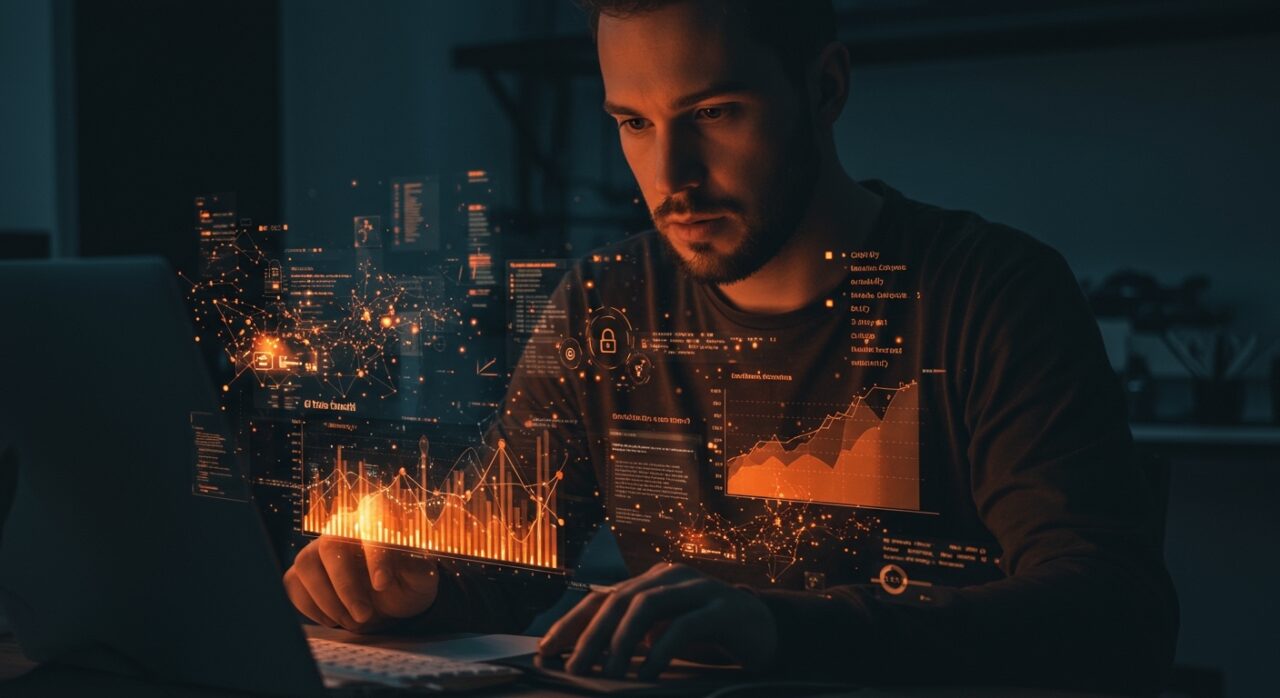 Founder tech trabajando con control de versiones y Git en un entorno digital avanzado con símbolos de seguridad e inteligencia artificial.