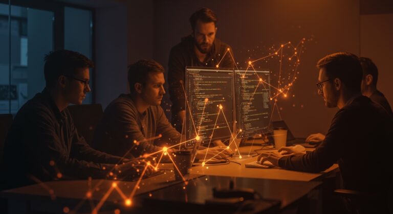 Developers collaborating en un estudio académico sobre inteligencia artificial en desarrollo de software, destacando innovación y tecnología startup.