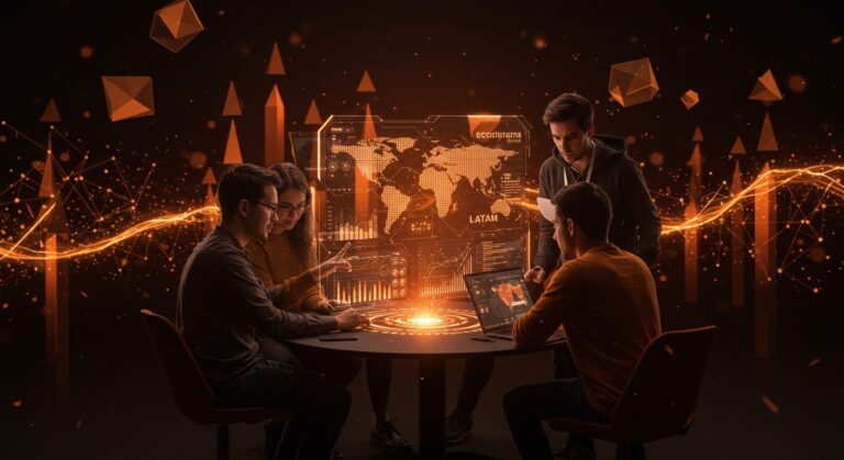 Equipo de startups LATAM colaborando con tecnología de IA autónoma en una convocatoria de innovación tecnológica Transform 2026.