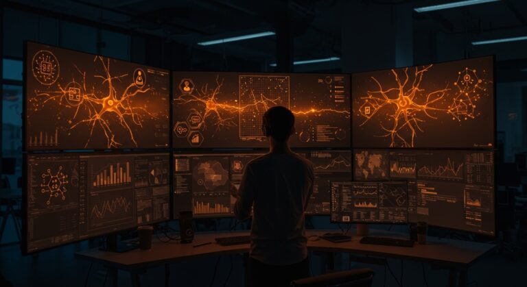 Ingeniero IA trabajando en automatización avanzada para startups tecnológicas en San Francisco con redes neuronales y tecnología de machine learning.