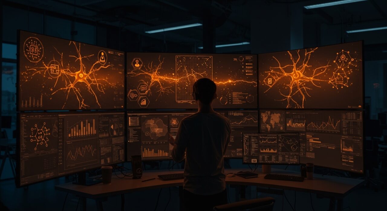 Ingeniero IA trabajando en automatización avanzada para startups tecnológicas en San Francisco con redes neuronales y tecnología de machine learning.