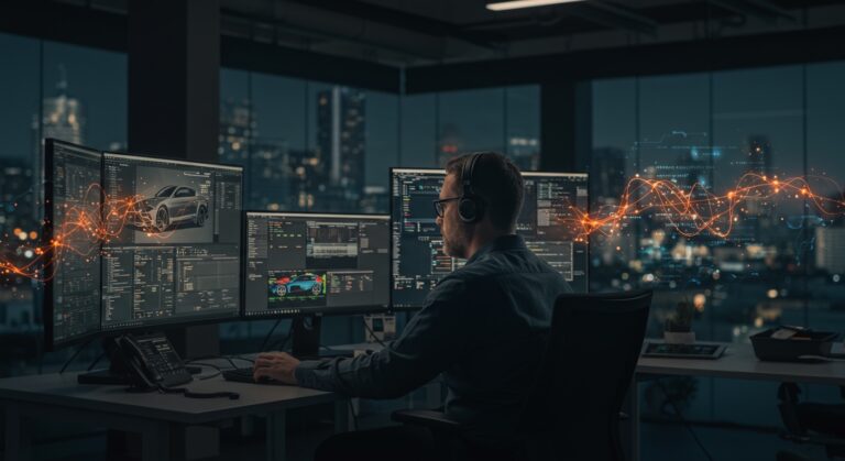 Senior engineer desarrollando inteligencia artificial para la industria automotriz en un entorno de startup de Silicon Valley.