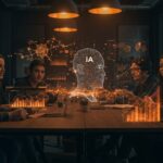 Emprendedores latinoamericanos interactuando con hologramas de inteligencia artificial autónoma en un espacio moderno, simbolizando convocatoria Transform 2026 y funding para startups IA en LATAM.