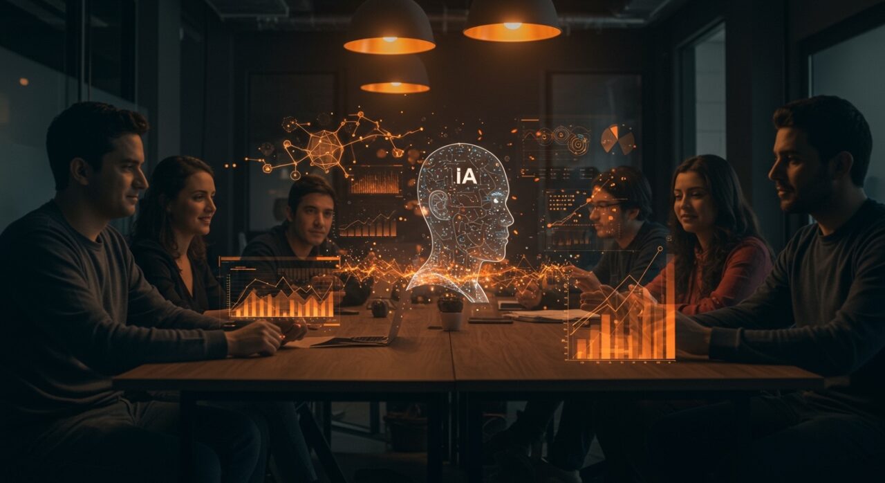 Emprendedores latinoamericanos interactuando con hologramas de inteligencia artificial autónoma en un espacio moderno, simbolizando convocatoria Transform 2026 y funding para startups IA en LATAM.
