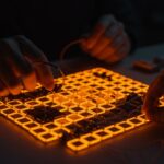 Hardware interactivo con microcontroladores ejecutando el Juego de la Vida de Conway en proyectos maker de innovación y automatización tecnológica.