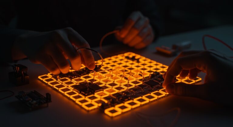 Hardware interactivo con microcontroladores ejecutando el Juego de la Vida de Conway en proyectos maker de innovación y automatización tecnológica.