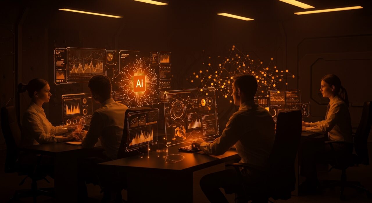 Coordinación TI en automatización e IA para startups en 2026, mostrando colaboración tecnológica avanzada y flujos de trabajo automatizados.