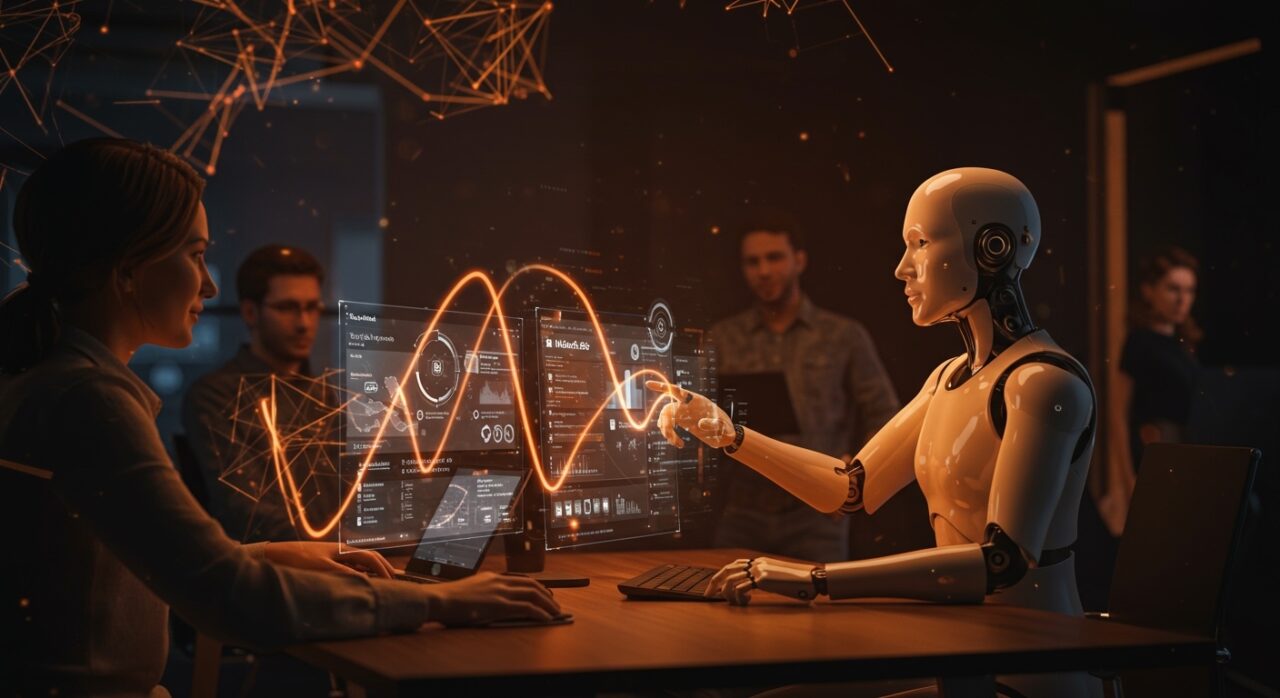 Agente IA empresarial Copilot Cowork de Microsoft funcionando en entorno colaborativo de equipos tech con automatización M365.