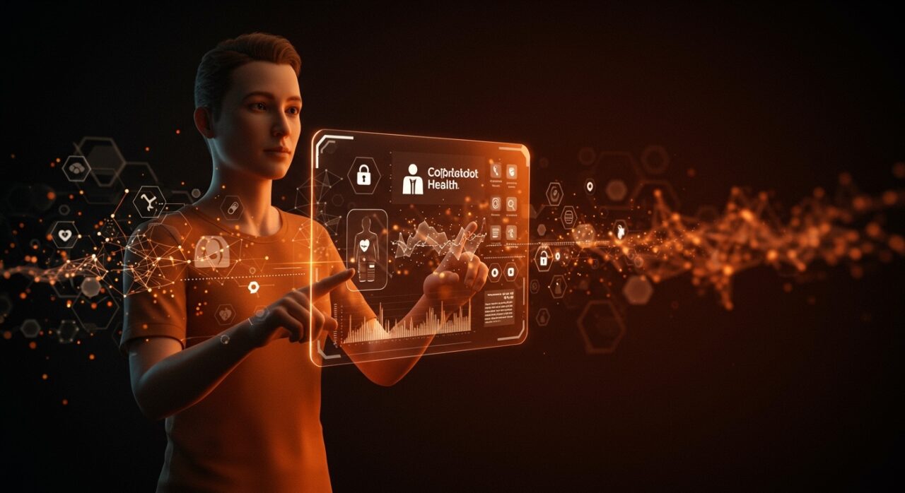 Interacción digital con IA Microsoft Copilot Health integrando datos de salud de wearables y registros clínicos para founders de health tech.