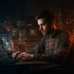 Fundador tecnológico trabajando con inteligencia artificial Copilot editando anuncios, ilustrando riesgos éticos y automatización en desarrollo software.