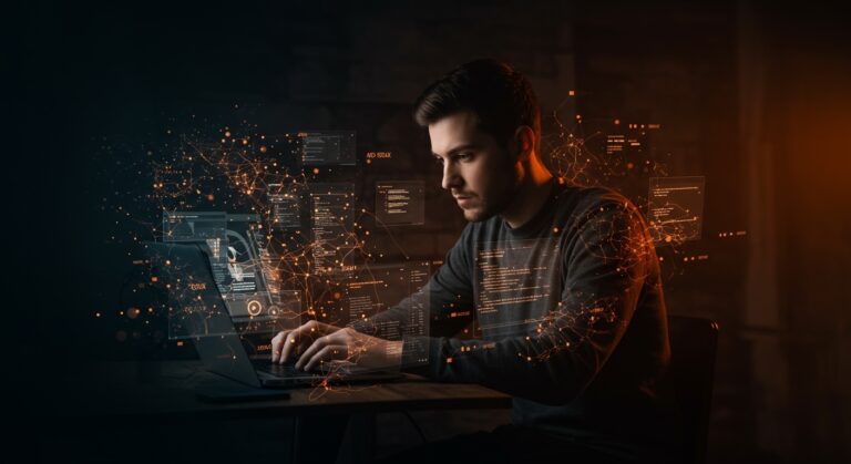 Fundador tecnológico trabajando con inteligencia artificial Copilot editando anuncios, ilustrando riesgos éticos y automatización en desarrollo software.