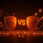 Visualización de la batalla entre licencias copyleft GPL y MIT en software open source con metáforas de inteligencia artificial y tendencias en desarrollo de startups.