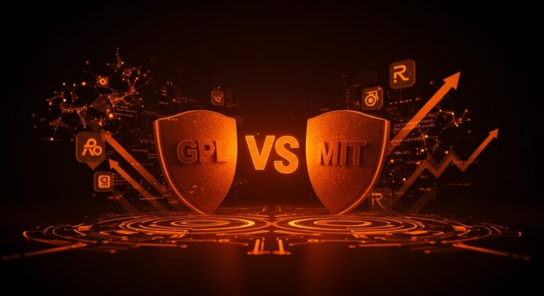 Visualización de la batalla entre licencias copyleft GPL y MIT en software open source con metáforas de inteligencia artificial y tendencias en desarrollo de startups.