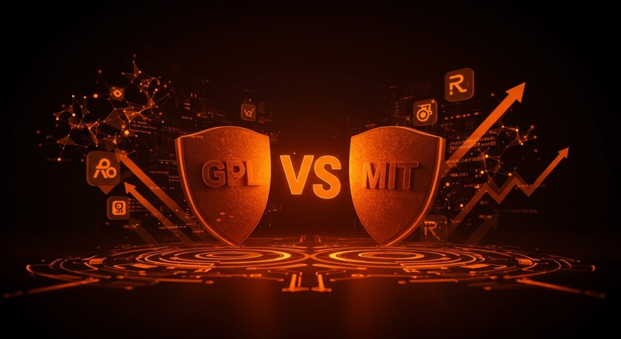 Visualización de la batalla entre licencias copyleft GPL y MIT en software open source con metáforas de inteligencia artificial y tendencias en desarrollo de startups.