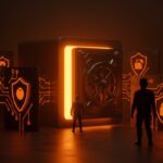 Ilustración de protección contra copyright trolling con barreras digitales y preservación de archivos digitales por una fundación tecnológica.