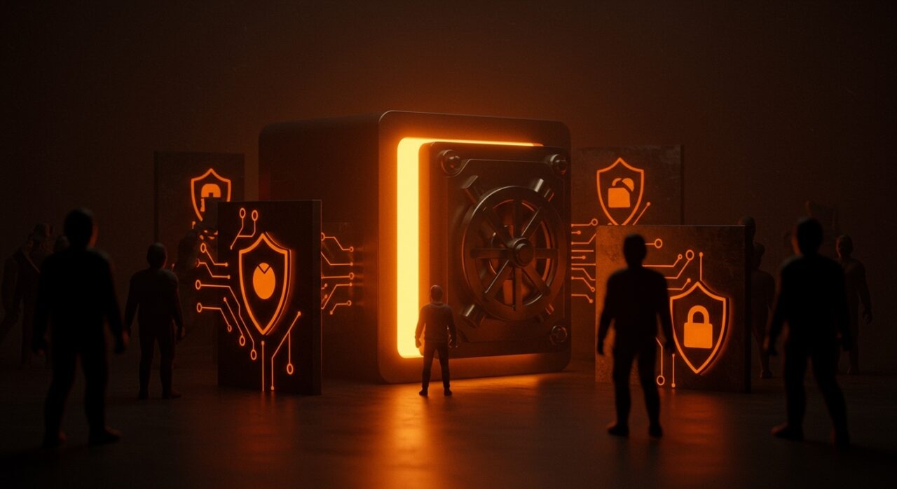 Ilustración de protección contra copyright trolling con barreras digitales y preservación de archivos digitales por una fundación tecnológica.