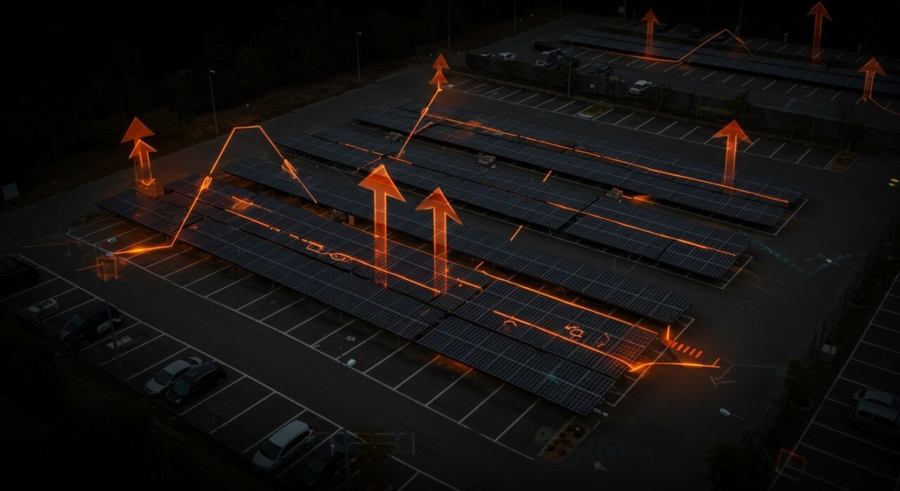 Paneles solares instalados en estacionamientos públicos en Corea del Sur, destacando iniciativas en energía renovable y políticas públicas.