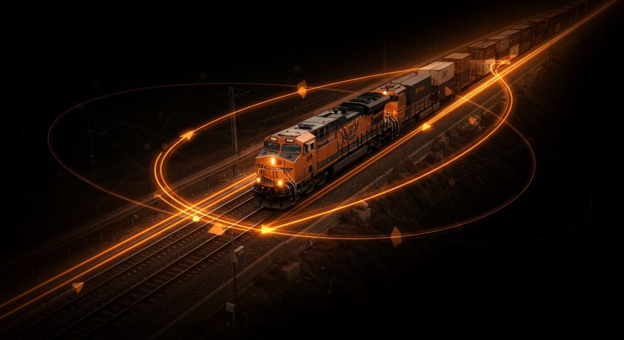 Corredor Interoceánico de México mostrando un tren moderno conectando océanos, simbolizando logística avanzada y competencia al Canal de Panamá.