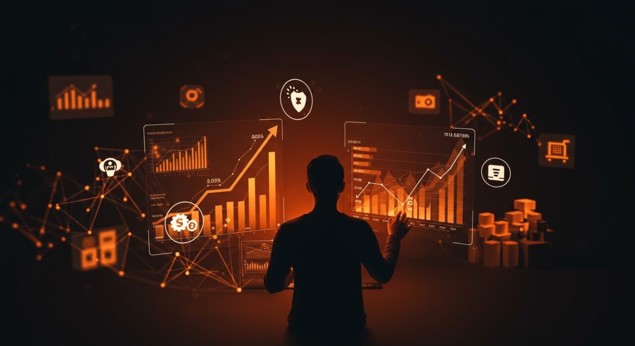 Costos empresariales 2026 representados por iconos de seguro de salud, servicios públicos y aranceles con un fundador analizando estrategias de gestión de costos en un entorno digital moderno.