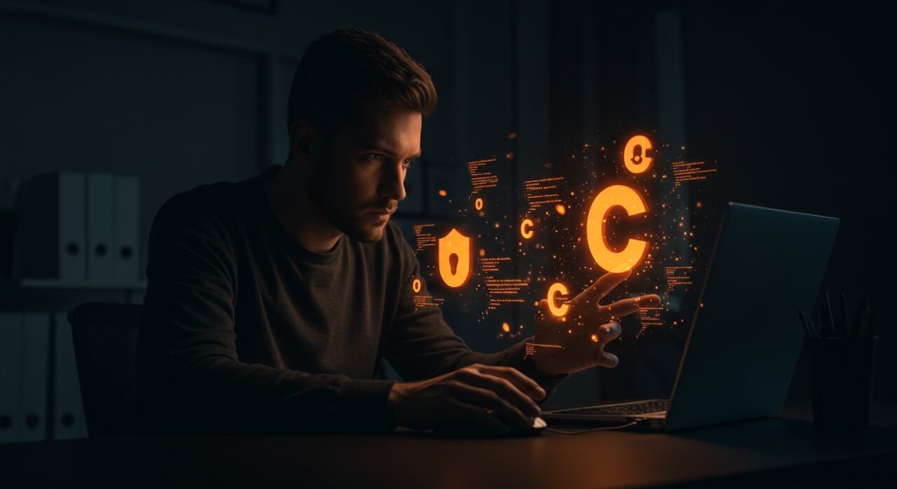 Fundador de startup analizando código C++26 con visuales de reflexión en tiempo de compilación y contratos para programación segura.