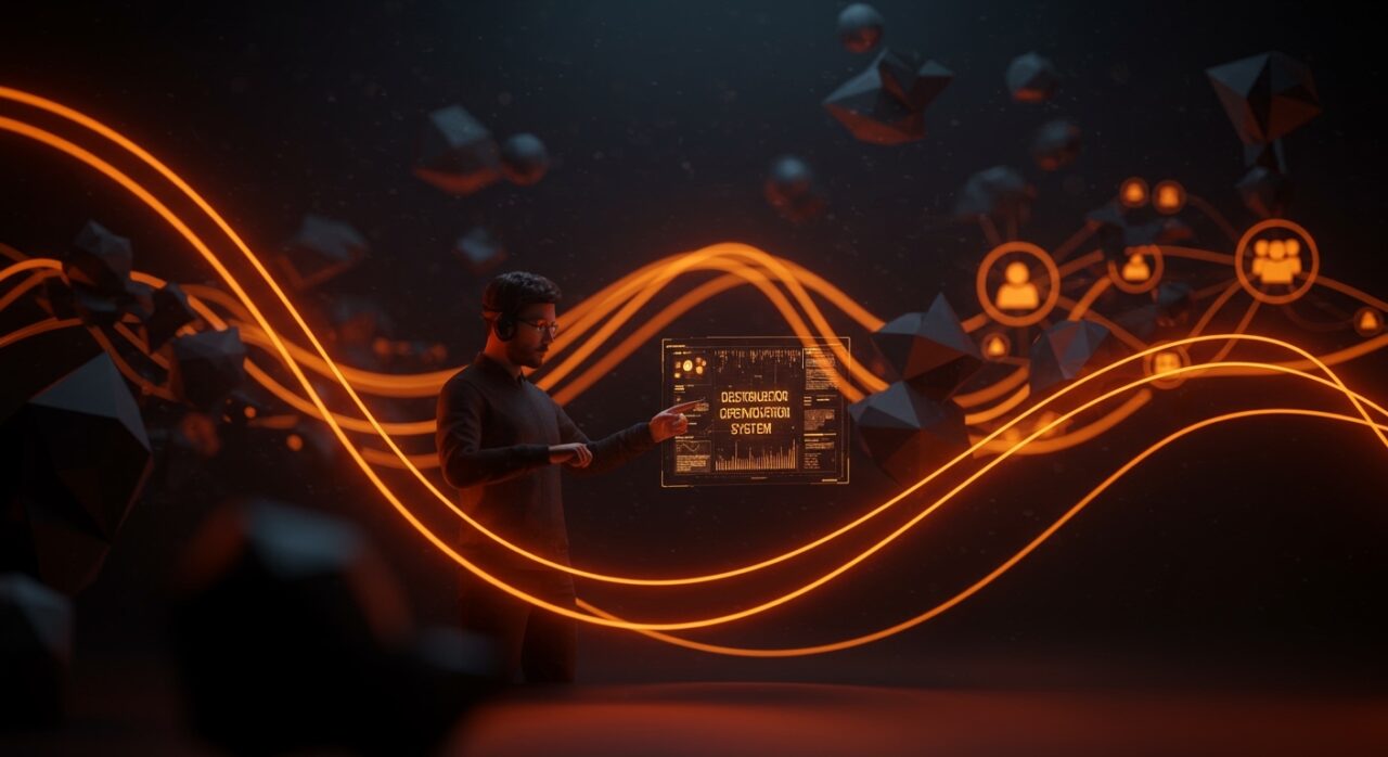 Sistema operativo Erlang para sistemas distribuidos y tecnología p2p con visualización de clústeres y conexiones en entorno digital.