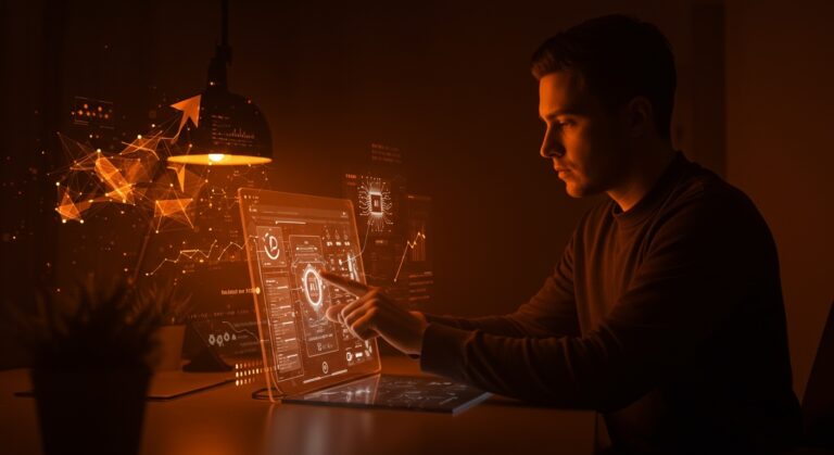 Founder creando una aplicación web sin código usando Google AI Studio con elementos visuales de inteligencia artificial y automatización en un ambiente de startup.