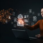 Chatbot de IA interactuando con documentos digitales, mostrando creación no-code y control completo de información en ecosistema IA.