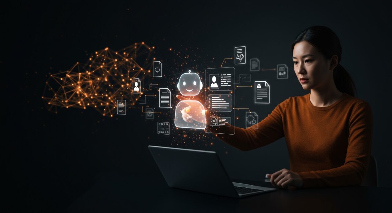 Chatbot de IA interactuando con documentos digitales, mostrando creación no-code y control completo de información en ecosistema IA.