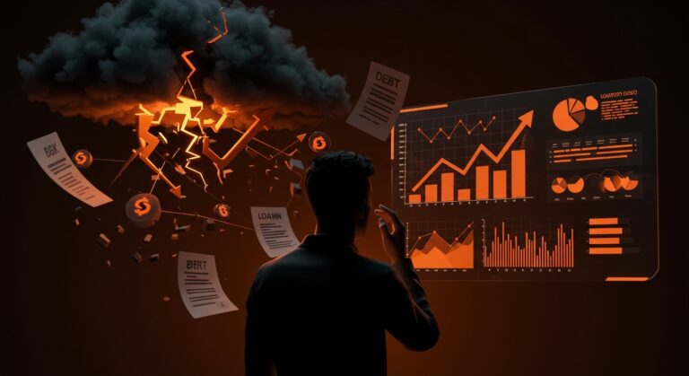 Cofundador tech preocupado frente a un tablero digital con gráficos de incumplimientos en crédito privado 2025 y riesgos financieros.
