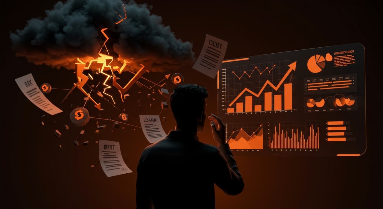 Cofundador tech preocupado frente a un tablero digital con gráficos de incumplimientos en crédito privado 2025 y riesgos financieros.