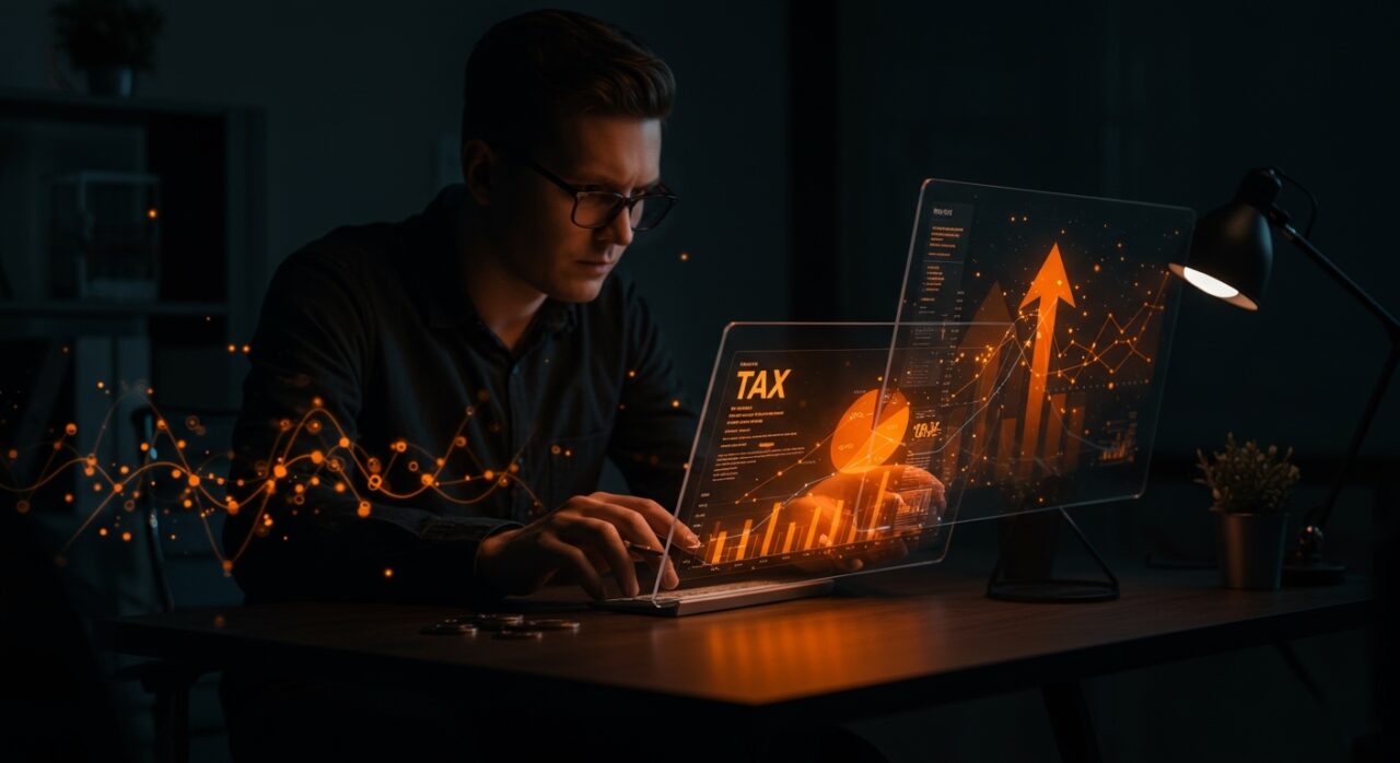 Créditos fiscales para startups representados con un fundador analizando datos financieros digitales para maximizar capital.