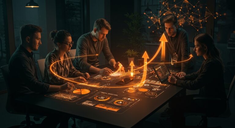 Equipo de emprendedores en startup recibiendo inversión pre-seed en Europa Central y del Este visualizado con metáforas de capital de riesgo y crecimiento.