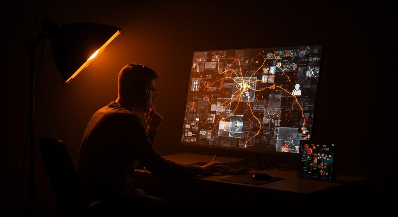 Desarrollador de videojuegos analizando arte generado por IA, destacando ética y transparencia en tecnología aplicada.