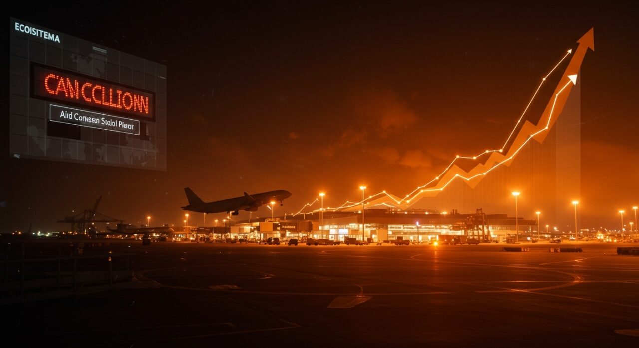 Crisis del combustible causando cancelaciones masivas de vuelos en aerolíneas, ilustración editoral sobre impacto en la aviación comercial y el precio del combustible.