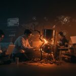 Crisis energética en Asia impulsando semana laboral de cuatro días y trabajo desde casa, ilustración editorial para startups y tendencias laborales.