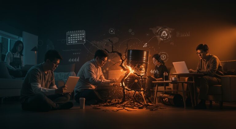 Crisis energética en Asia impulsando semana laboral de cuatro días y trabajo desde casa, ilustración editorial para startups y tendencias laborales.