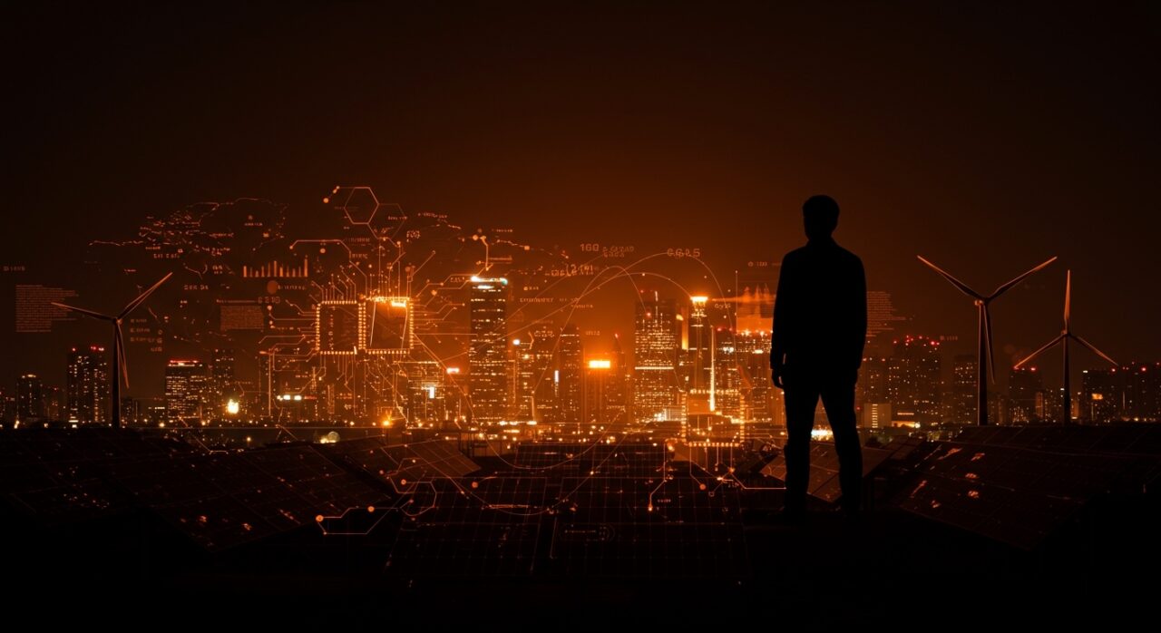 Líder tecnológico chino frente a un horizonte futurista de energías renovables liderando la transición energética global.