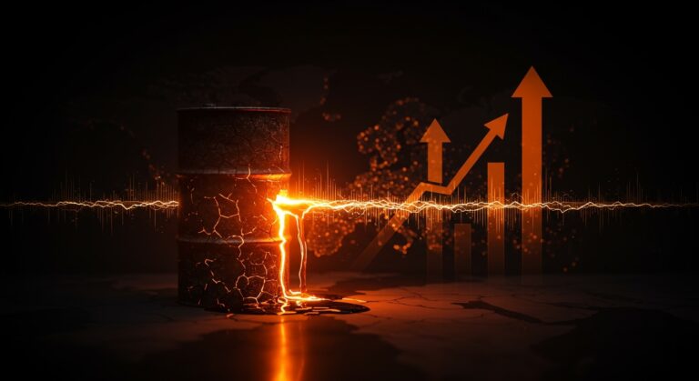 Crisis energética global con déficit de petróleo representada por barril de petróleo agrietado y transición energética iluminada con paleta naranja y negro.