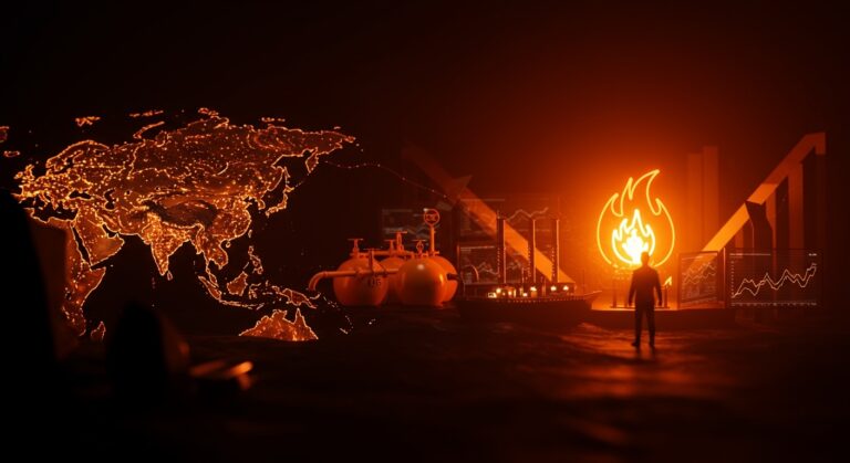 Mapa iluminado mostrando la crisis del gas natural licuado en 2026, destaca el bloqueo en el Estrecho de Ormuz y la competencia entre Asia y Europa por el GNL.